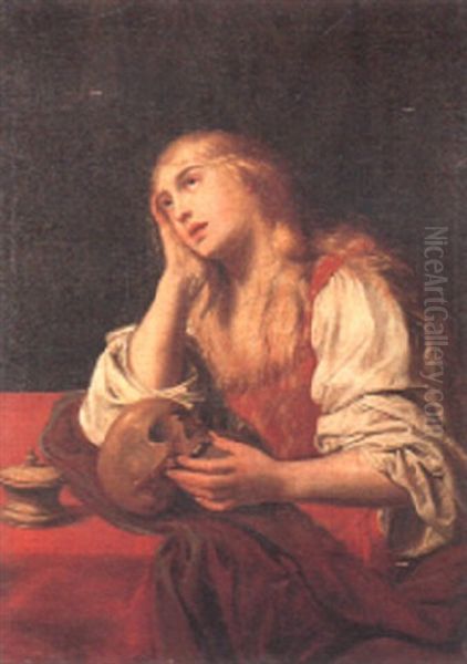 The Penitent Mary Magdalen Seated At A Table Holding A Skull by Abraham Janssens