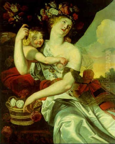 Spring: Flora And Cupid In A Bower, A Garden Beyond Oil Painting by Abraham Janssens