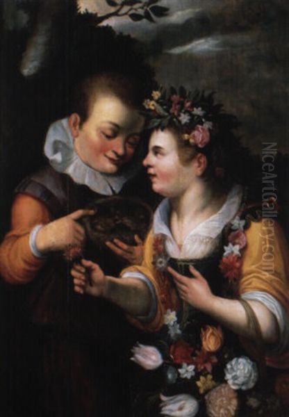 L'oiseleur Et La Bouquetiere Oil Painting by Abraham Janssens