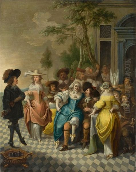 An Elegant Group, Dancing And Making Music On A Terrace Oil Painting by Hieronymous (Den Danser) Janssens