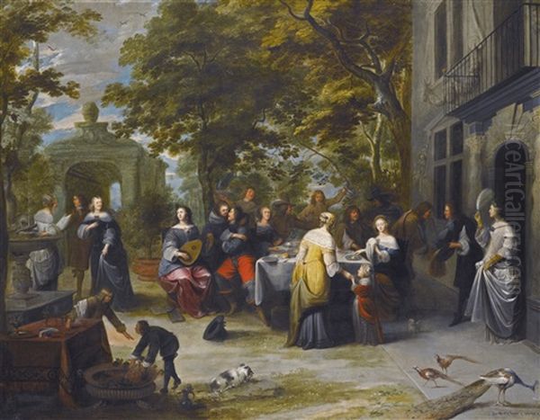 An Outdoor Banquet Oil Painting by Hieronymous (Den Danser) Janssens