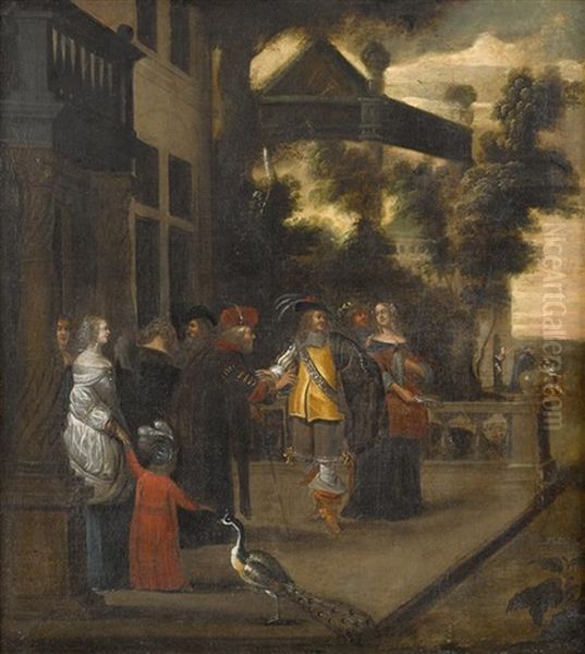 An Elegant Party On The Terrace With A Palace In The Background (pair) Oil Painting by Hieronymous (Den Danser) Janssens