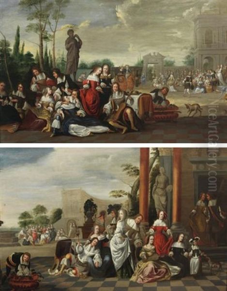 Scenes Courtoises (pair) Oil Painting by Hieronymous (Den Danser) Janssens