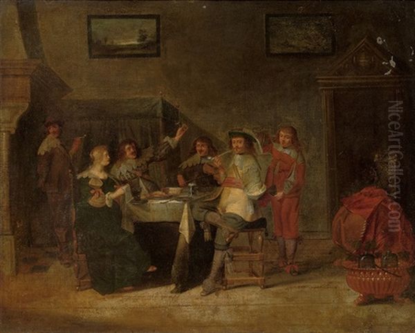 Elegant Company Making Merry In An Interior Oil Painting by Hieronymous (Den Danser) Janssens