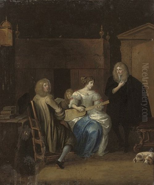 Elegant Company Making Music In An Interior Oil Painting by Hieronymous (Den Danser) Janssens