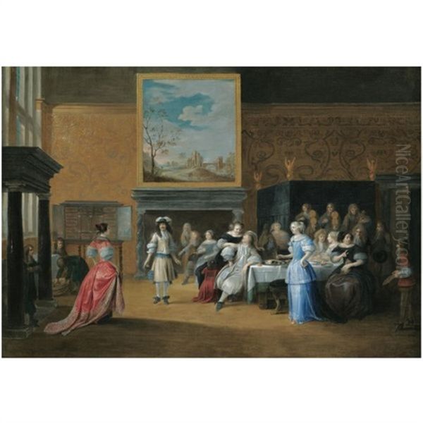 A Palatial Interior With Elegant Figures Dancing And Banqueting Oil Painting by Hieronymous (Den Danser) Janssens