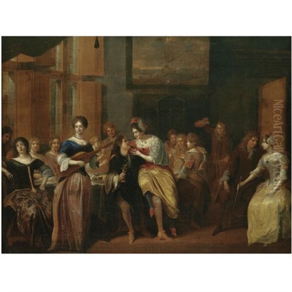 An Interior Scene With Elegant Figures Drinking And Listening To Music Oil Painting by Hieronymous (Den Danser) Janssens