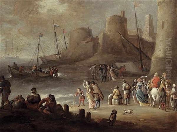 A Mediterranean Coastal Landscape With Elegant Figures On A Beach With Fishermen Unloading Their Catch, A Fortified Town Beyond Oil Painting by Hieronymous (Den Danser) Janssens