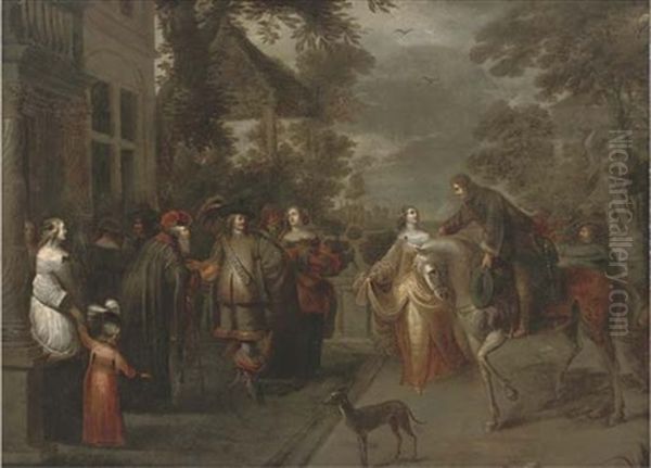 Elegant Company On A Terrace, A Palace Beyond Oil Painting by Hieronymous (Den Danser) Janssens