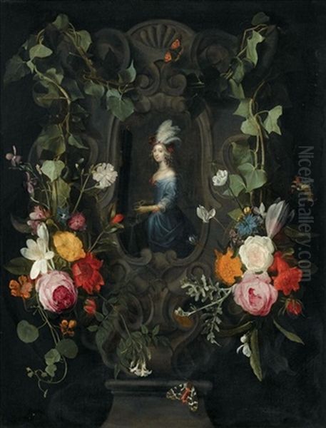 A Garland Of Mixed Flowers Adorning A Stone Cartouche Surrounding An Allegory Of Vanity Oil Painting by Hieronymous (Den Danser) Janssens