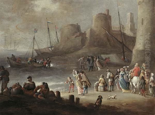 A Mediterranean Coastal Landscape With Elegant Figures On A Beach Oil Painting by Hieronymous (Den Danser) Janssens