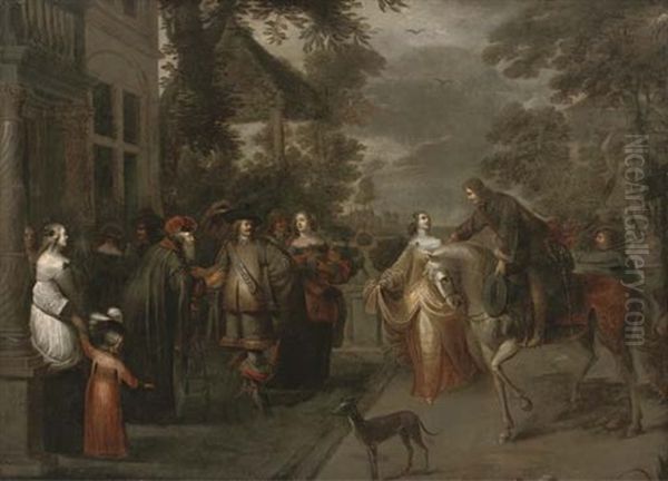 Elegant Company On A Terrace, A Palace Beyond Oil Painting by Hieronymous (Den Danser) Janssens