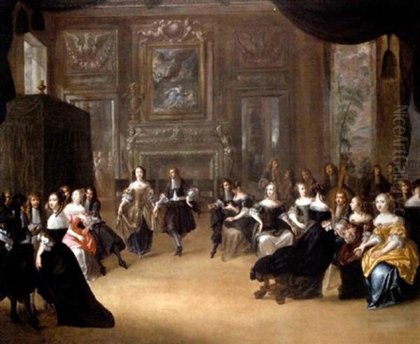 An Elegant Couple Dancing To The Music Of A String Quartet Amid Numerous Other Figures In A Grand Salon Oil Painting by Hieronymous (Den Danser) Janssens