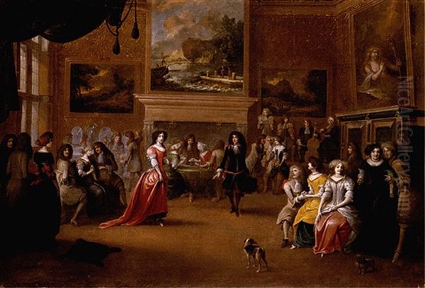 An Interior With An Elegant Company Dancing And Playing Cards Oil Painting by Hieronymous (Den Danser) Janssens