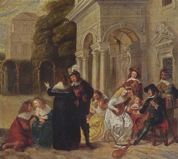 A Courtyard With An Elegant Company Making Music And Conversing Oil Painting by Hieronymous (Den Danser) Janssens