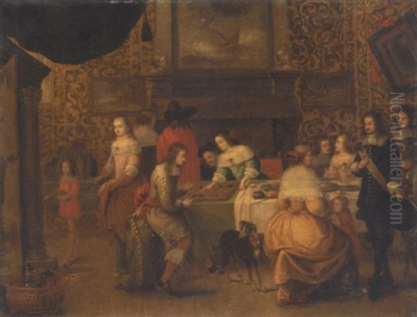 Interior With An Elegant Company Playing Backgammon Oil Painting by Hieronymous (Den Danser) Janssens