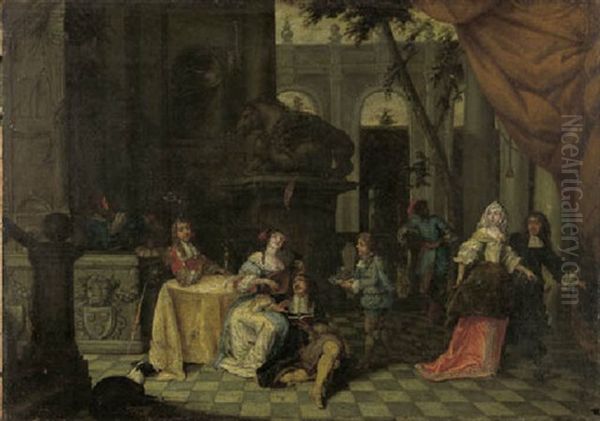 Elegant Company On A Terrace Oil Painting by Hieronymous (Den Danser) Janssens