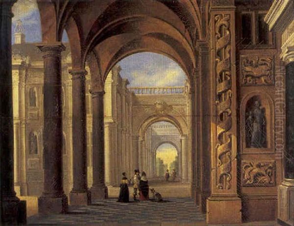 The Forecourt Of A Palace With Elegant Figures Conversing Oil Painting by Hieronymous (Den Danser) Janssens