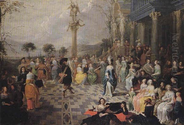 Elegant Figures Dancing On The Terrace Of A Country Villa Oil Painting by Hieronymous (Den Danser) Janssens