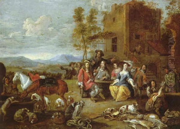 An Elegant Hunting Party Taking Refreshment Outside A County Inn Oil Painting by Hieronymous (Den Danser) Janssens