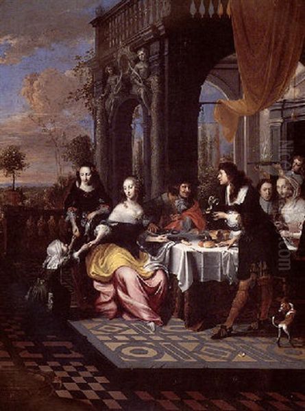 A Scene On The Terrace Of A Palace With Elegant Company Feasting Oil Painting by Hieronymous (Den Danser) Janssens