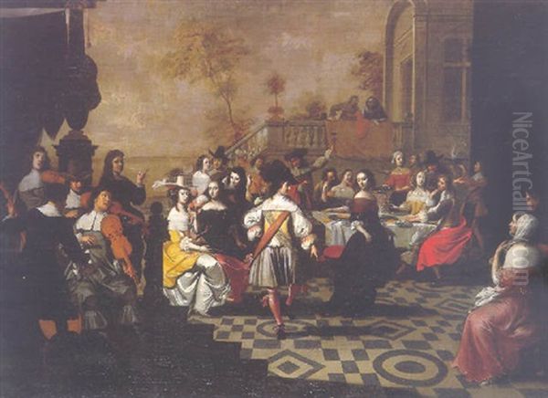 Couple De Danseurs Devant Un Banquet Dans Un Palais Baroque Oil Painting by Hieronymous (Den Danser) Janssens