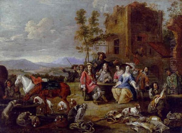 A Hunting Party At An Inn, A Mountainous Landscape Beyond Oil Painting by Hieronymous (Den Danser) Janssens