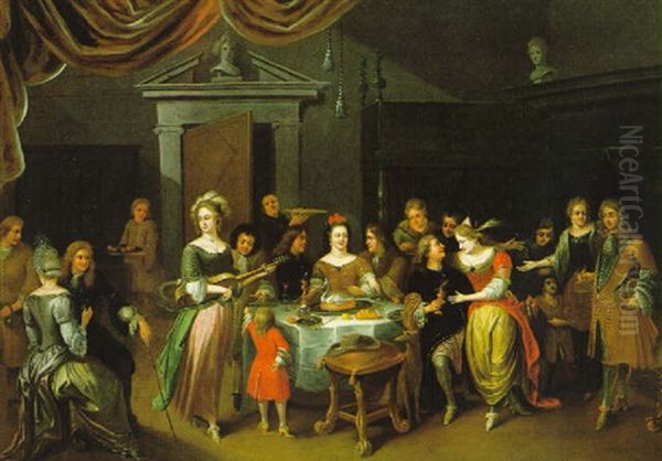 Elegante Gesellschaft Bei Einem Festmahl Im Saal Eines Schlosses Oil Painting by Hieronymous (Den Danser) Janssens