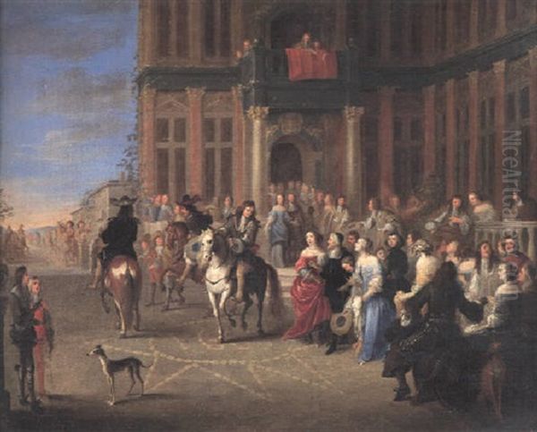 Numerous Elegant Figures Watching The Departure Of Dignitaries From The Meir In Antwerp Oil Painting by Hieronymous (Den Danser) Janssens