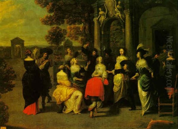 An Elegant Gathering Within The Grounds Of A Country Villa Oil Painting by Hieronymous (Den Danser) Janssens