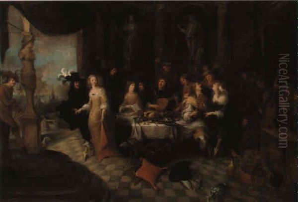 Elegant Company Feasting, Making Music And Dancing Oil Painting by Hieronymous (Den Danser) Janssens