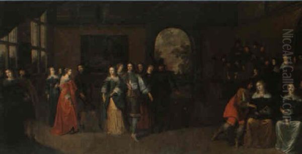 Elegant Company Dancing In An Interior Oil Painting by Hieronymous (Den Danser) Janssens