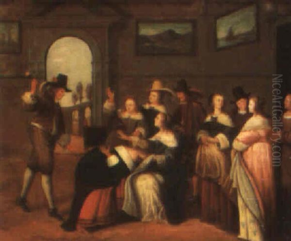 Elegant Company In An Interior Playing Le Main Chaud Oil Painting by Hieronymous (Den Danser) Janssens