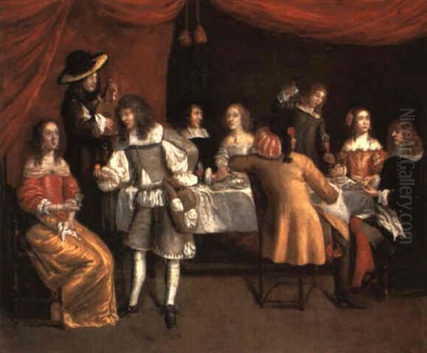 Elegant Company Dining Beneath A Red Canopy Oil Painting by Hieronymous (Den Danser) Janssens