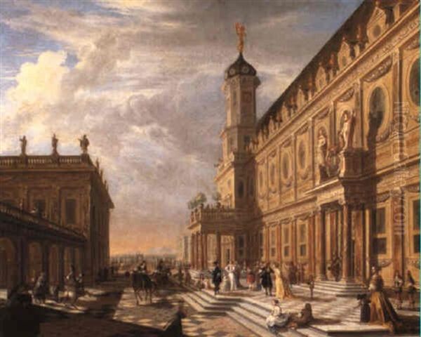 The Forecourt Of A Palace With Numerous Figures Oil Painting by Hieronymous (Den Danser) Janssens