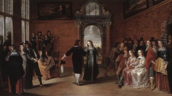 Interior With A Music Party And An Elegant Couple Dancing Oil Painting by Hieronymous (Den Danser) Janssens