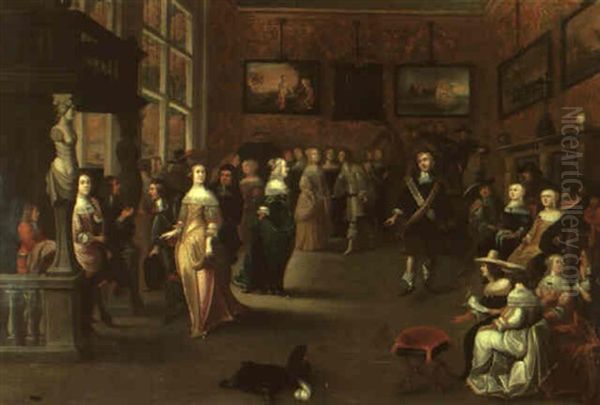 Numerous Elegant Gentlemen Dancing With Their Ladies Within A Ballroom Oil Painting by Hieronymous (Den Danser) Janssens