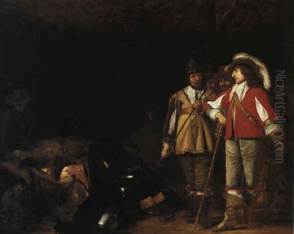 A Soldier And A Cavalier In A Stable Oil Painting by Hieronymous (Den Danser) Janssens