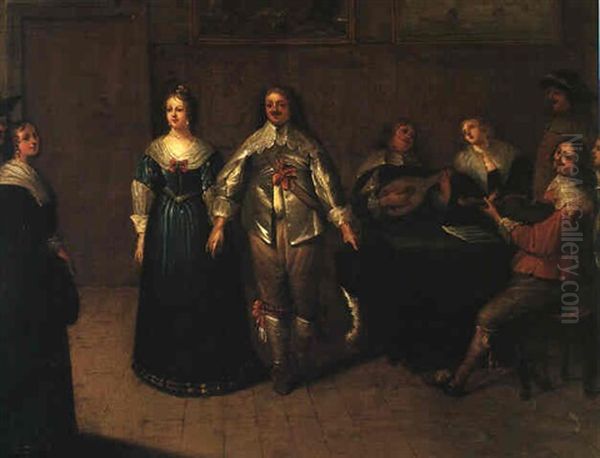 An Interior With Musicians, And A Couple Dancing Oil Painting by Hieronymous (Den Danser) Janssens