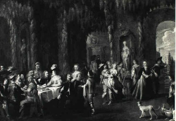 Elegant Figures Dining In A Grotto Folly Oil Painting by Hieronymous (Den Danser) Janssens