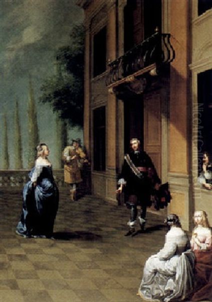 Elegant Figures With A Lady And A Gentleman Dancing On A    Terrace Oil Painting by Hieronymous (Den Danser) Janssens