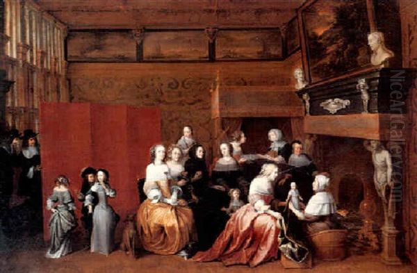 Ladies Celebrating The Birth Of A Child, And Gentlemen      Looking On From Behind A Screen, In An Interior Oil Painting by Hieronymous (Den Danser) Janssens