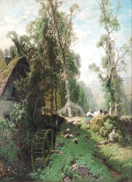 Bergere Aux Chevres Pres D'un Moulin A Eau Oil Painting by Jacques Janssens