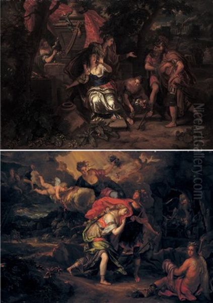 Enee Et Didon Se Refugiant Dans Une Grotte Pour Se Proteger De L'orage  (+ Scene De L'histoire D'enee - Didon Pleurant Le Depart D'enee?; Pair) Oil Painting by Victor Honore Janssens