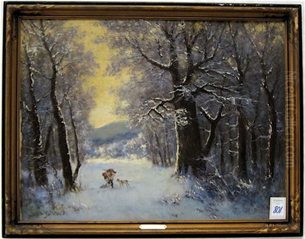 Winter Landscape With Hunter, Dog And Game Oil Painting by Alfred Jansson