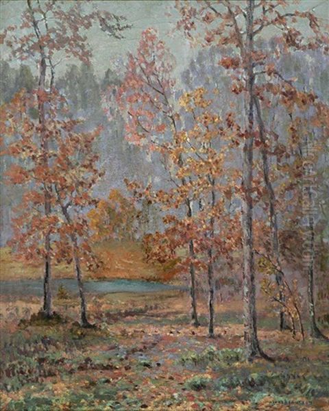 Autumn Landscape By A Lake Oil Painting by Alfred Jansson