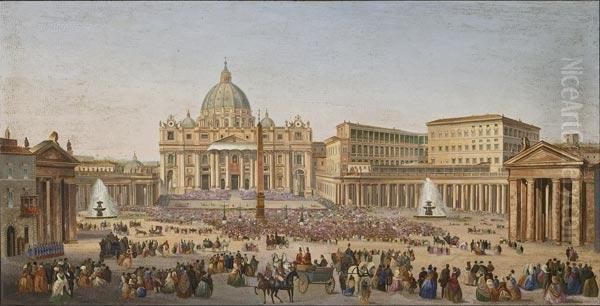 Piazza San Pietro Con Moltitudine Di Fedeli E Carrozze Oil Painting by Biagio Barzotti