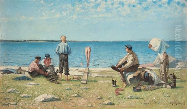 Badande Pojkar (sommarbadet) [bathing Boys] Oil Painting by Eugene Fredrik Jansson