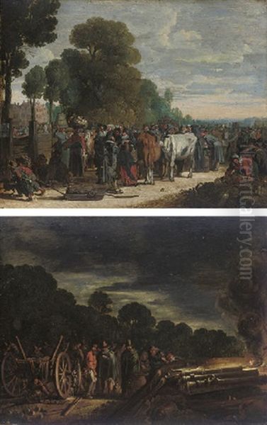 Earth, Elegant Figures At A Vegetable And Cattle Market (+ Fire, Soldiers Assembled Around A Carriage With Canons Firing; Pair) Oil Painting by Govert (Mynheer) Jansz