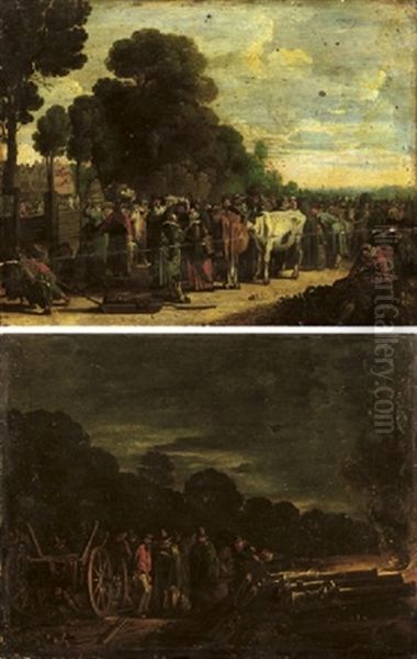 Fire: Soldiers Assembled Around A Carriage With Canons Firing (+ Earth: Elegant Figures At A Vegetable And Cattle Market; Pair) Oil Painting by Govert (Mynheer) Jansz